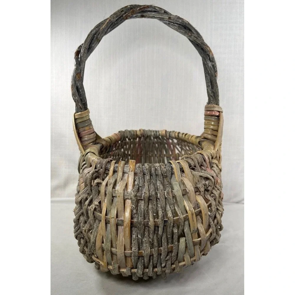 Vintage Hand Woven Rustic Egg Basket God's Eye Primitive Wicker Bentwood Handle